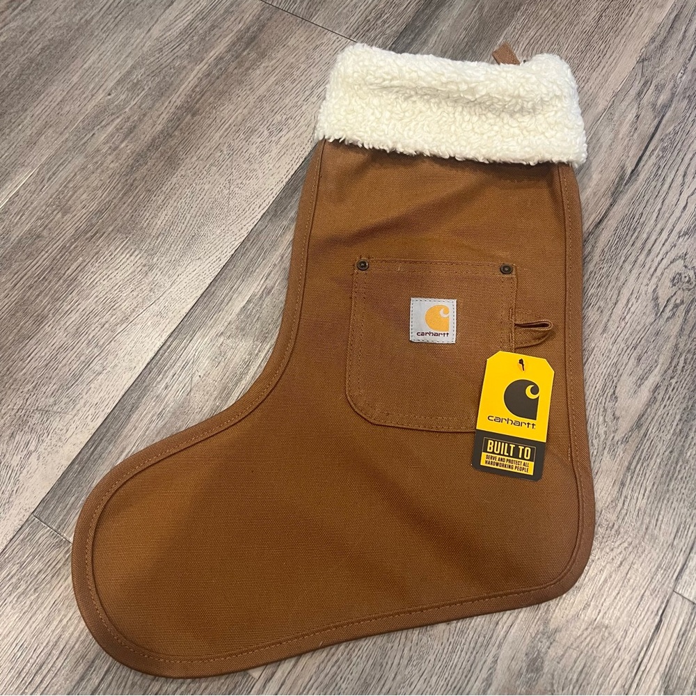 NEW Carhartt Brown Canvas Christmas Stocking with Cream Faux Fur 100 % Cotton